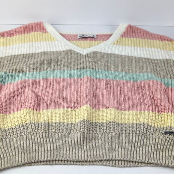 EUC Hollister Pastel Tan Pink White Striped Cropped Oversized Knit Sweater Small - Picture 3 of 9